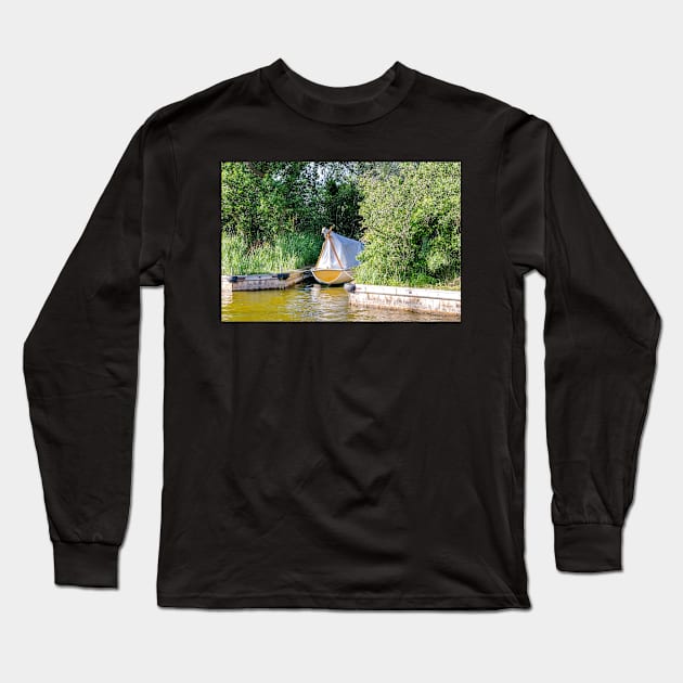 Wooden boat moored in the Norfolk Broads Long Sleeve T-Shirt by yackers1